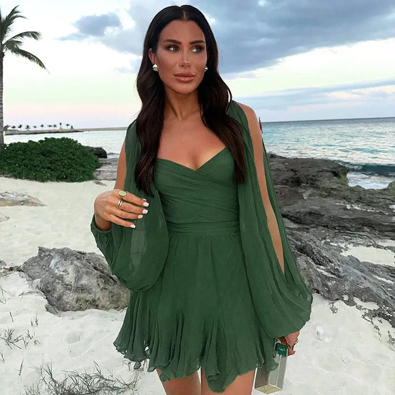 Women's Elegant Long Sleeve Puff Shoulder Mini Summer Dresses