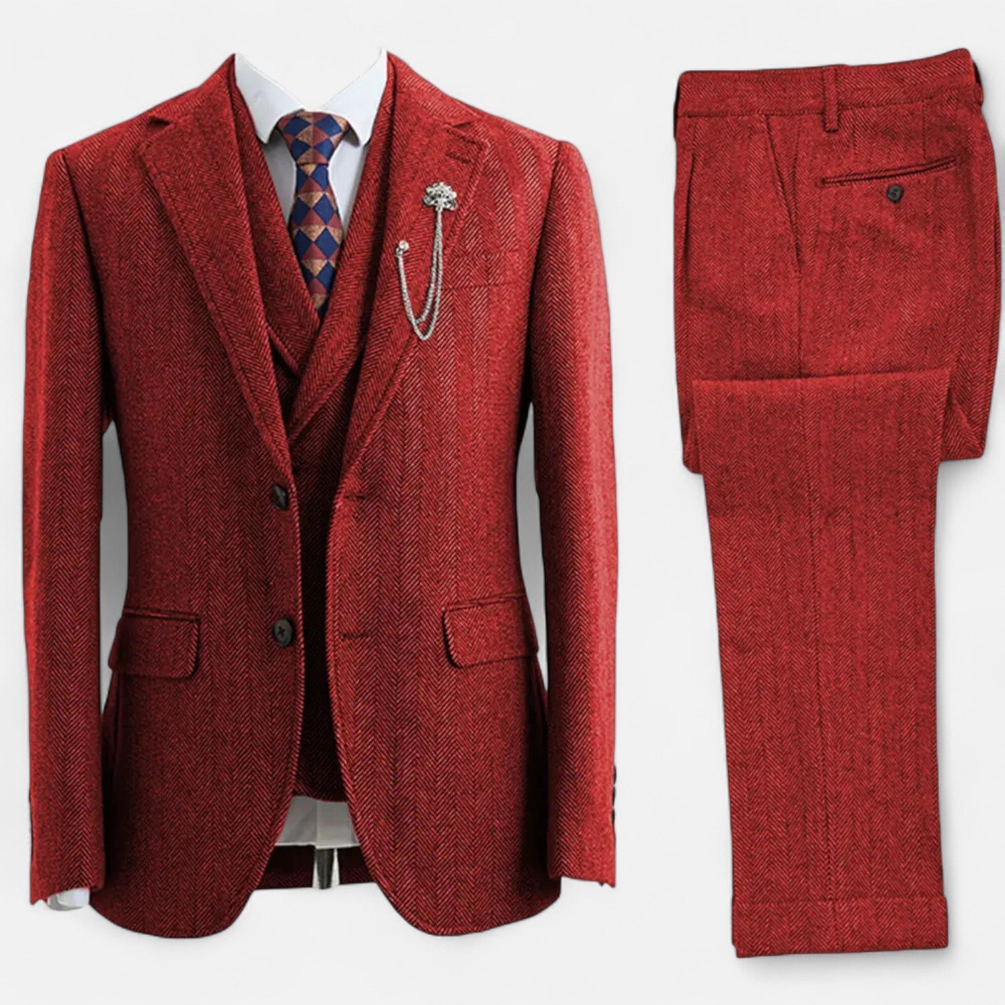 Men’s Tweed Herringbone Formal Business Suit - Complete 3-Pieces Set