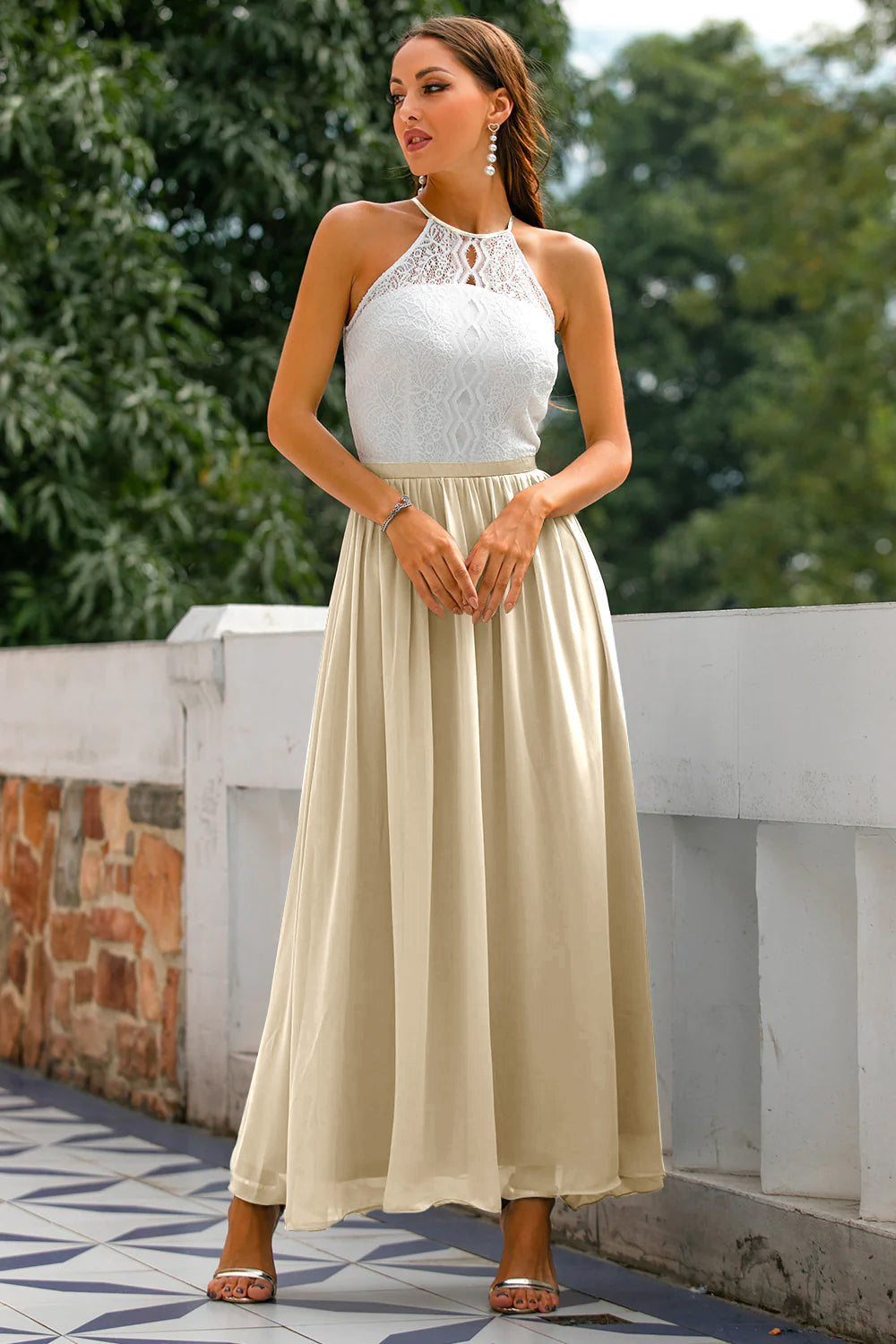 Women's Modern Evening Maxi Wedding Guest Dress with Halter Neckline