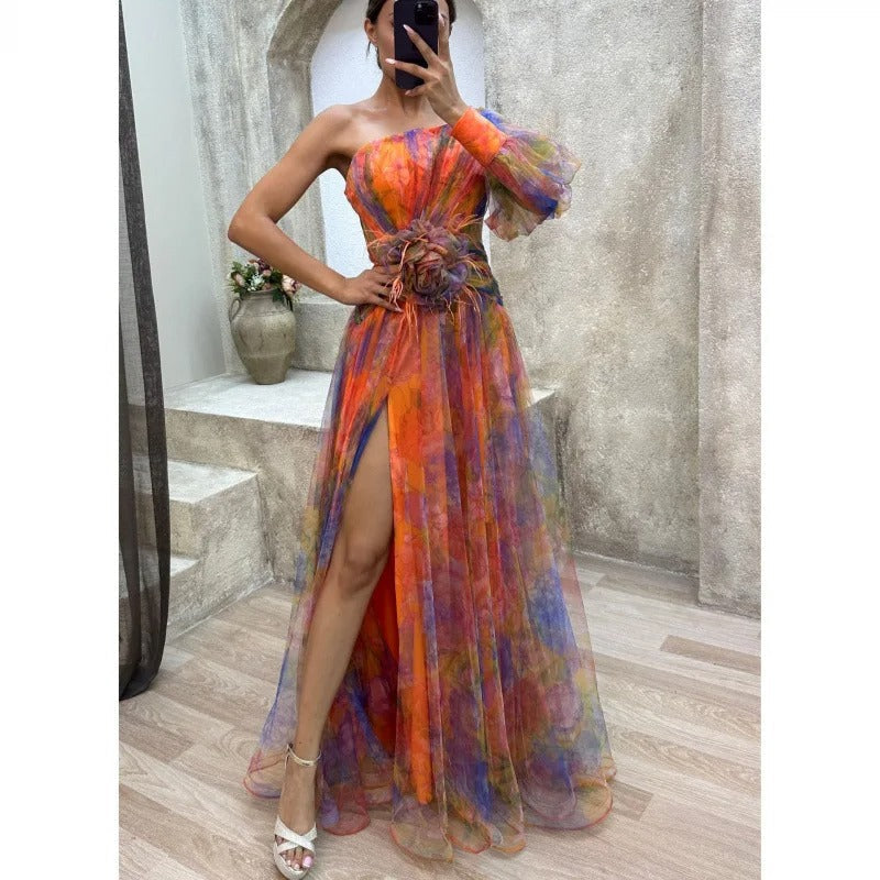 Women's Sunset Asymmetrical Slit Gown Maxi Dress in Sheer Floral Design