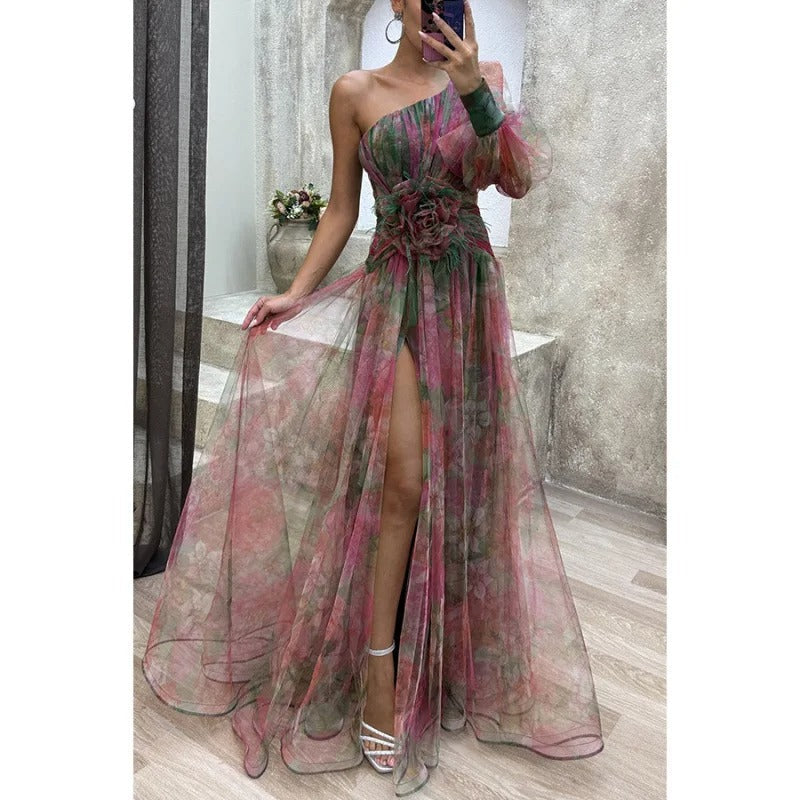 Women's Sunset Asymmetrical Slit Gown Maxi Dress in Sheer Floral Design