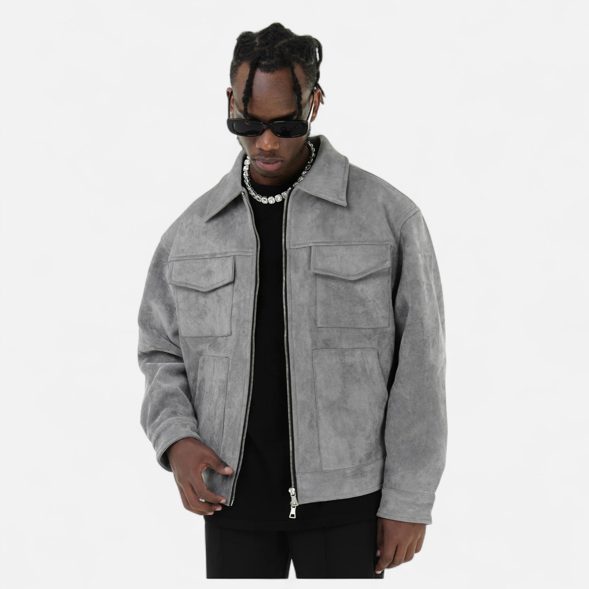 Refined Street-Inspired Collar Loose-Fit Suede Jacket for Men