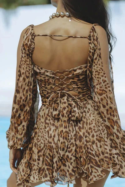 Women's Elegant Long Sleeve Puff Shoulder Mini Summer Dresses