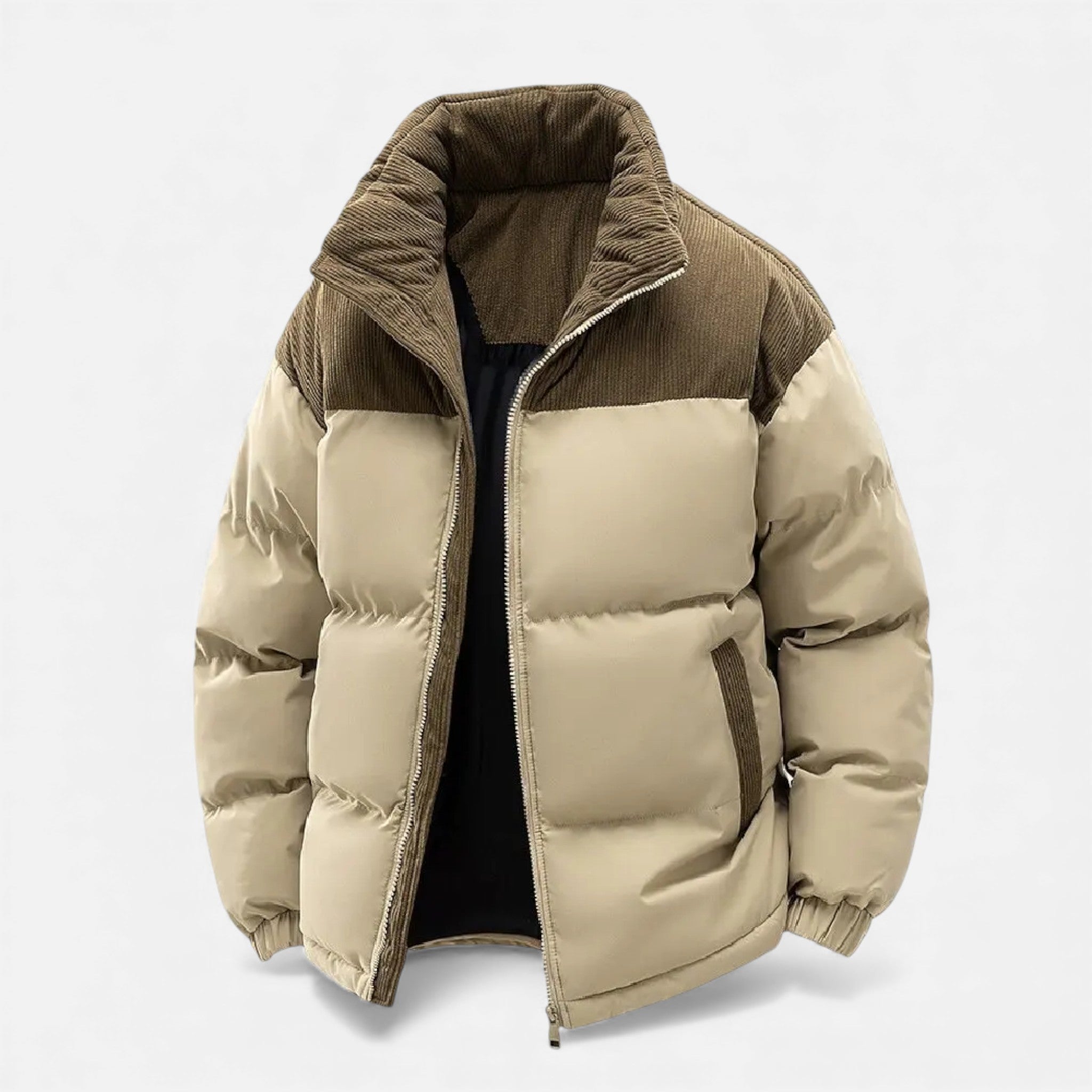 Men’s Quilted Waterproof Fleece Winter Jacket with Removable Hood and Stand-up Collar
