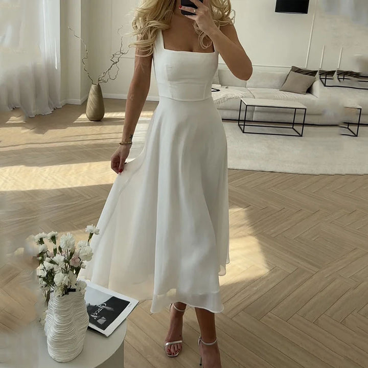 Women's Classic Square Neckline Midi-Length Wedding Guest Dress