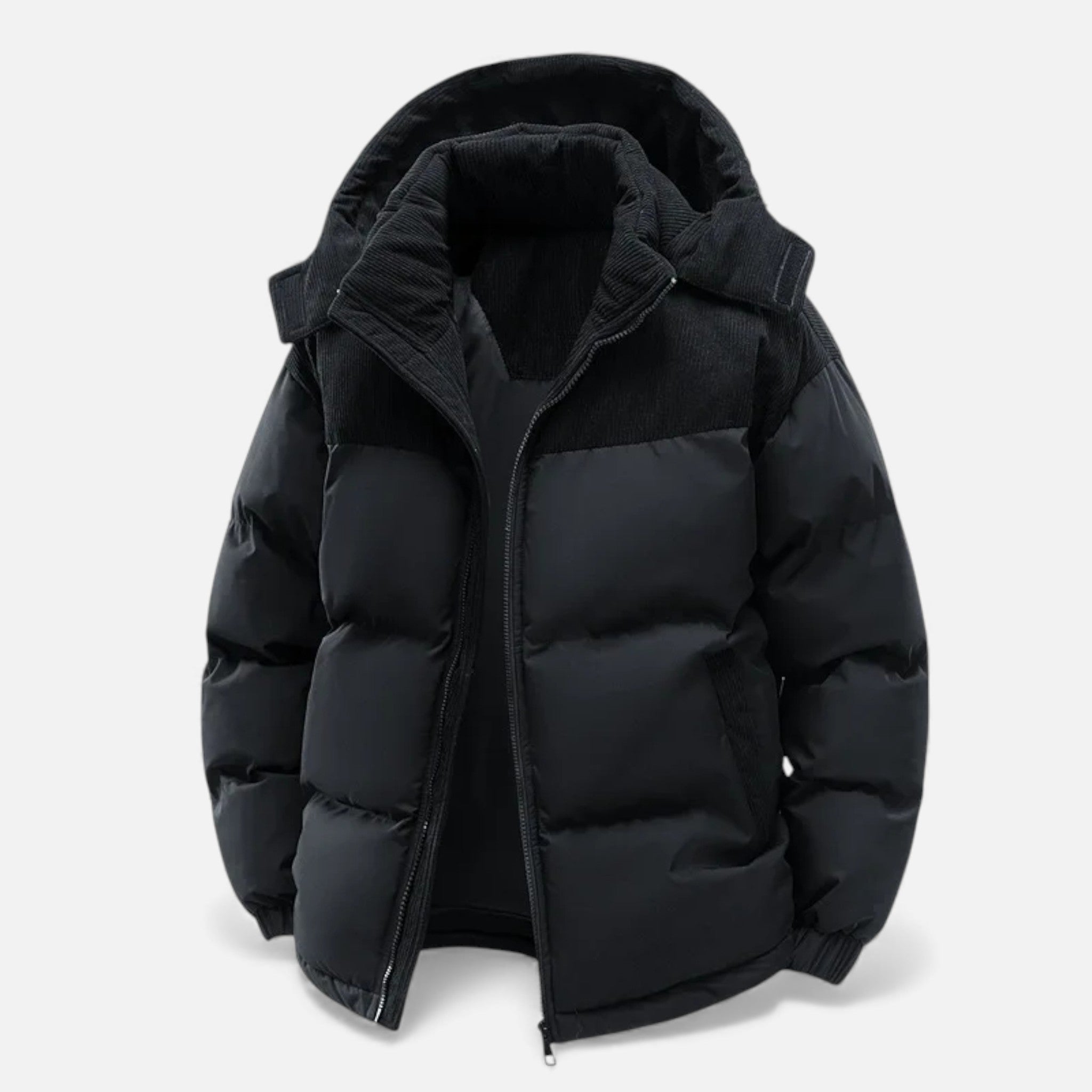Men’s Quilted Waterproof Fleece Winter Jacket with Removable Hood and Stand-up Collar