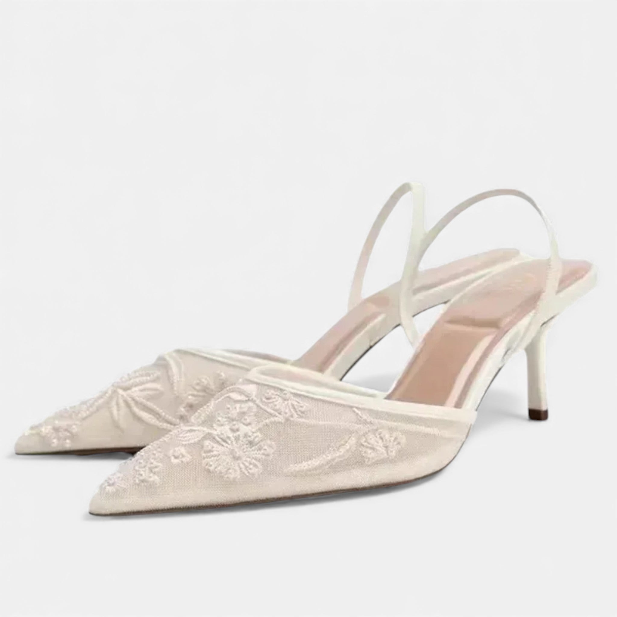 Women’s Elegant Airy Floral Embroidered Mesh Designer Heels