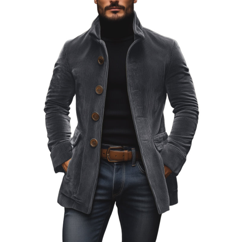 Men's Practical Slim Fit Warm Corduroy Coat with Stand-Up Collar and Side Pockets