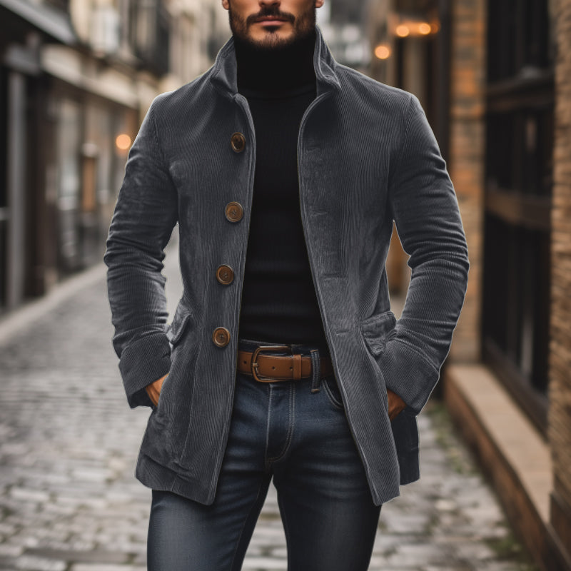 Men's Practical Slim Fit Warm Corduroy Coat with Stand-Up Collar and Side Pockets