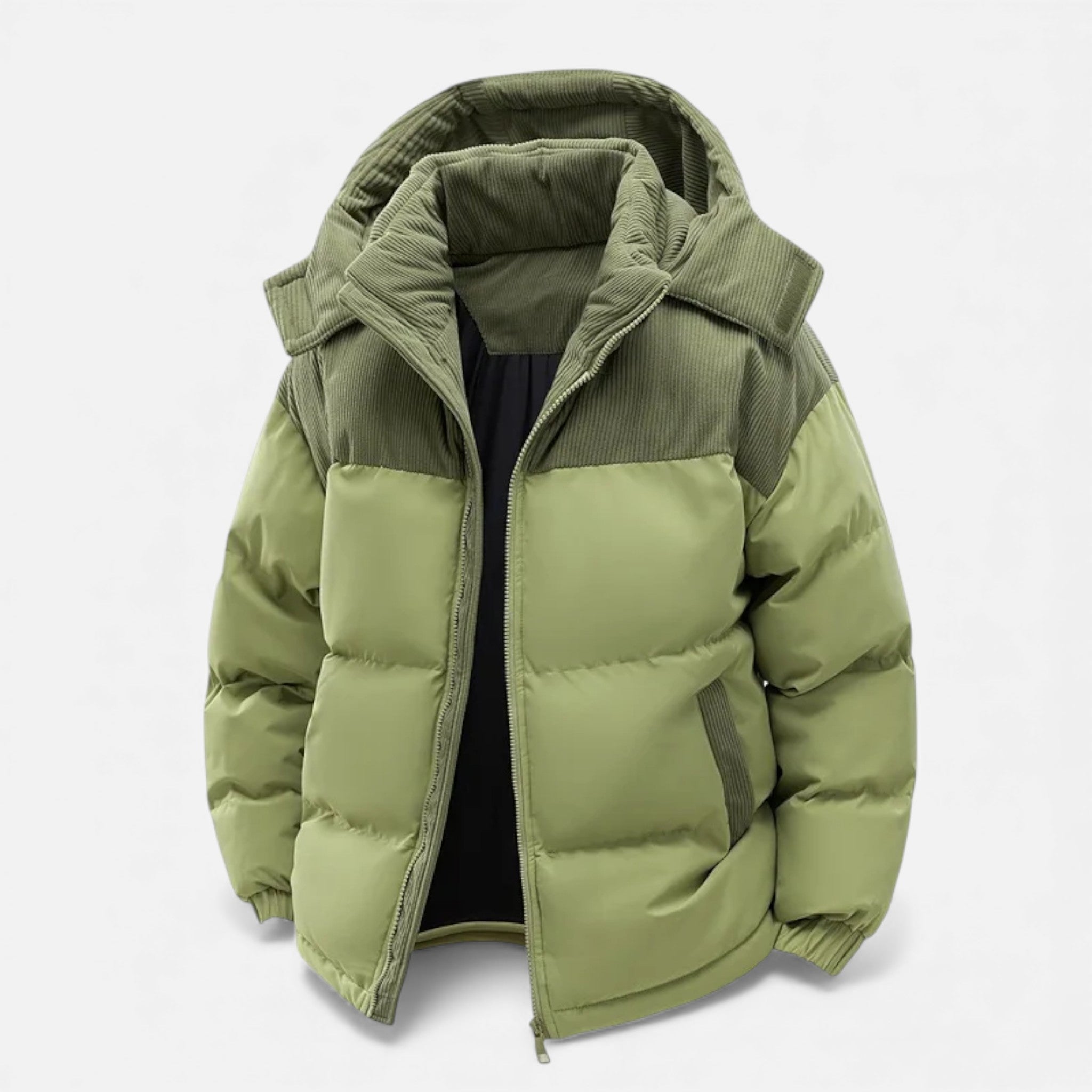 Men’s Quilted Waterproof Fleece Winter Jacket with Removable Hood and Stand-up Collar