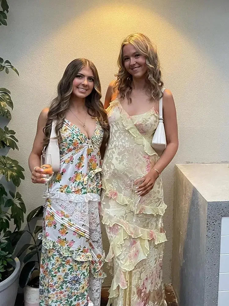 Women's Festive Sunny Flowing Straps Beach Maxi Dress with Spaghetti Straps