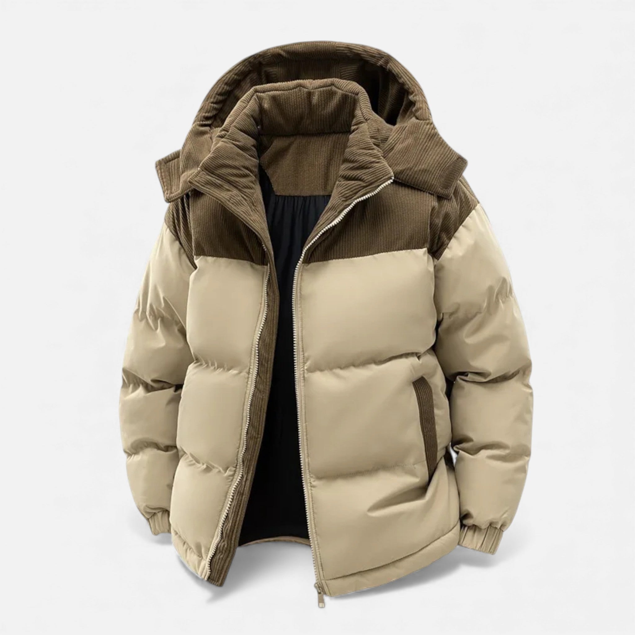 Men’s Quilted Waterproof Fleece Winter Jacket with Removable Hood and Stand-up Collar
