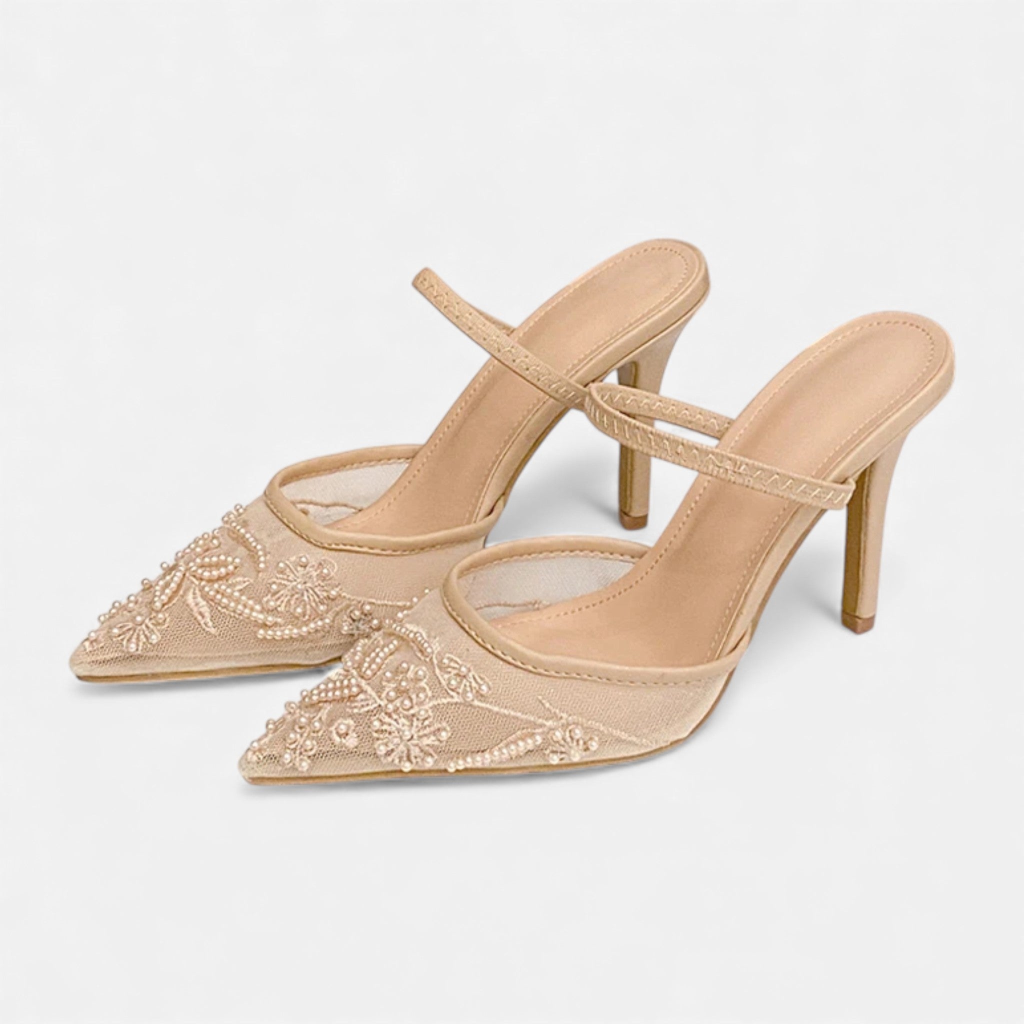 Women’s Elegant Airy Floral Embroidered Mesh Designer Heels
