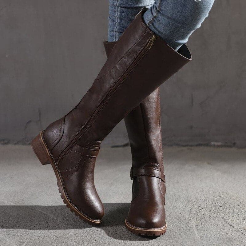 Women's Fashion Outdoor Knee-High Boots with Decorative Buckle Detail and Side Zipper