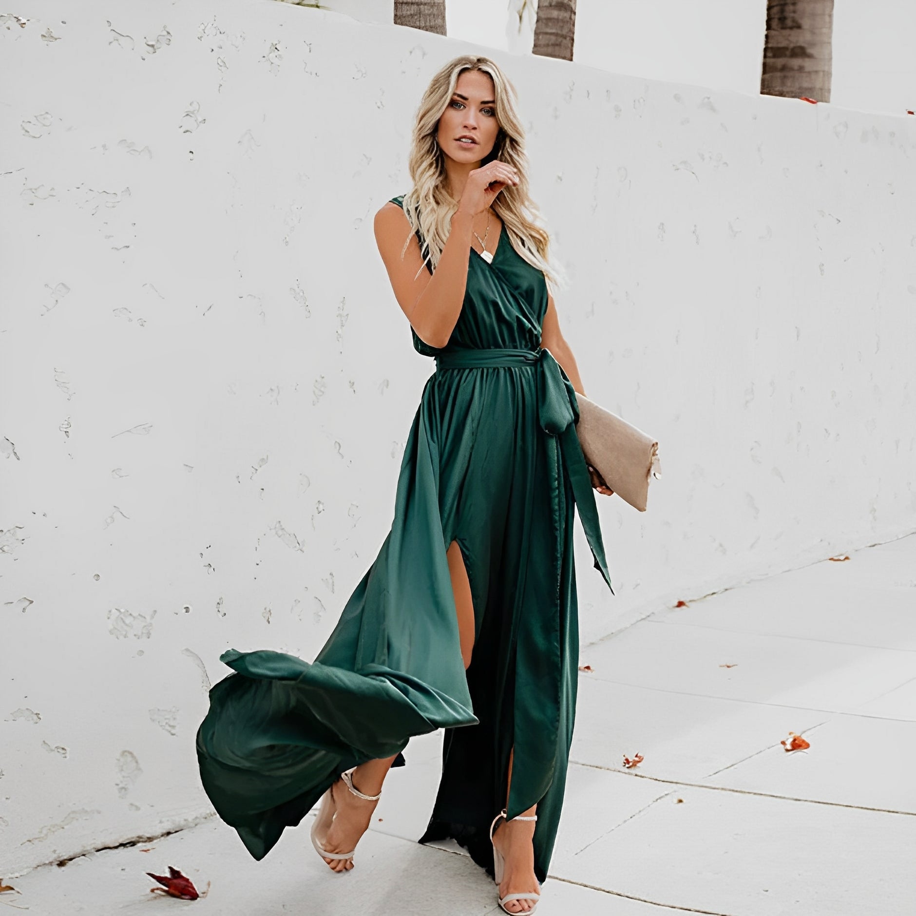 Versatile Long Waist Belted Celebration Slit Maxi Dress for Women