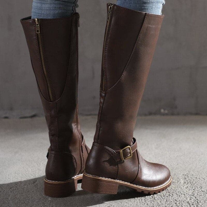 Women's Fashion Outdoor Knee-High Boots with Decorative Buckle Detail and Side Zipper