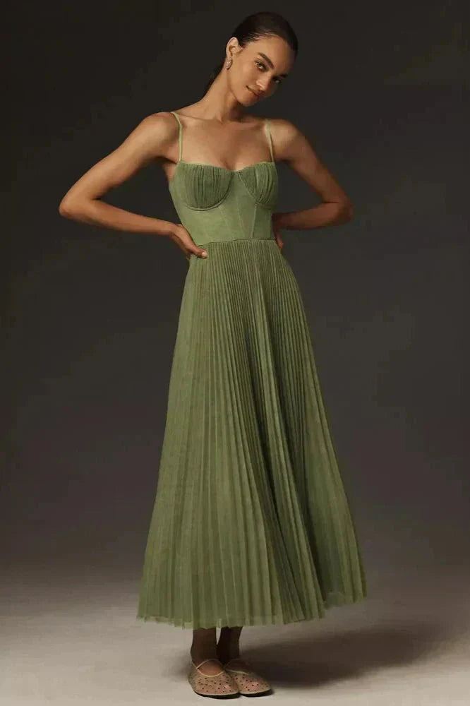 Women's Striking Elegant Flowing Pleated Fit and Flare Midi Dress