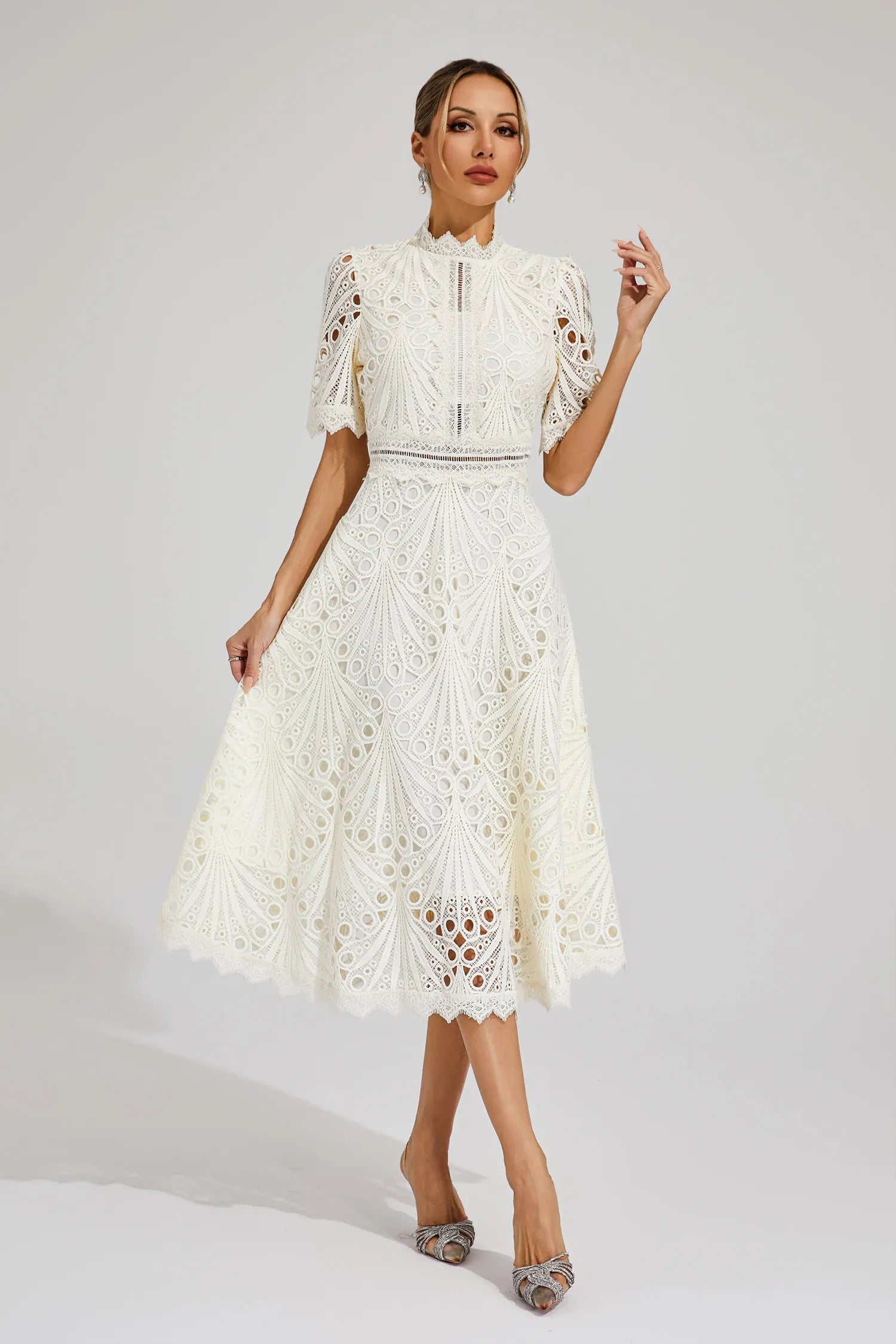 Exquisite Airy Lace Wedding Party Midi Dress for Women