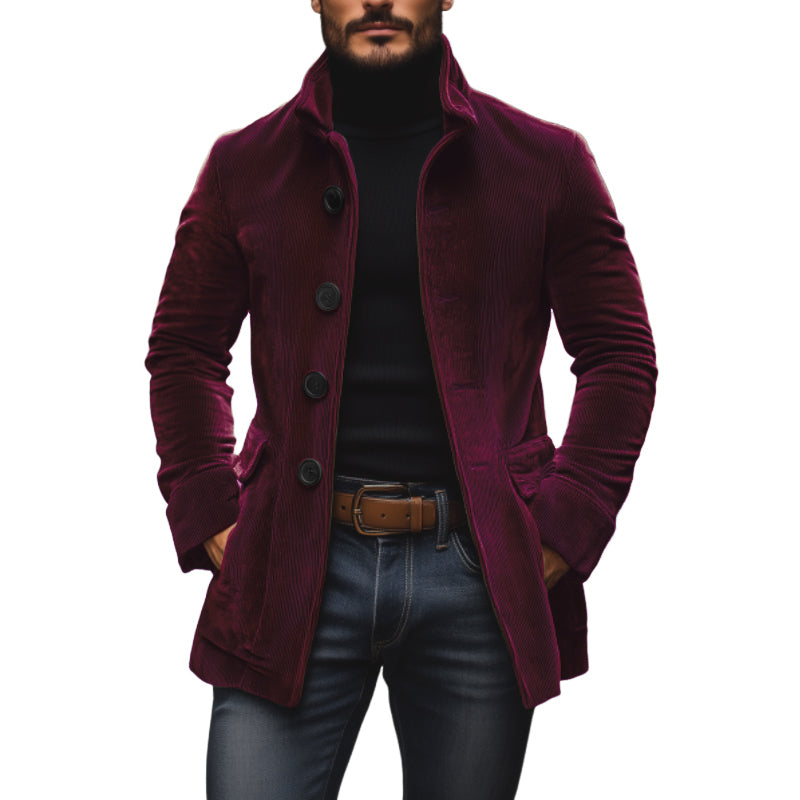 Men's Practical Slim Fit Warm Corduroy Coat with Stand-Up Collar and Side Pockets