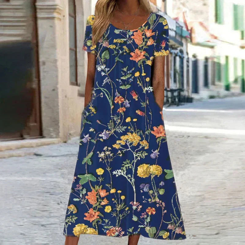 Women's Elegant Flowing Bloom Midi Dress with V-Neckline