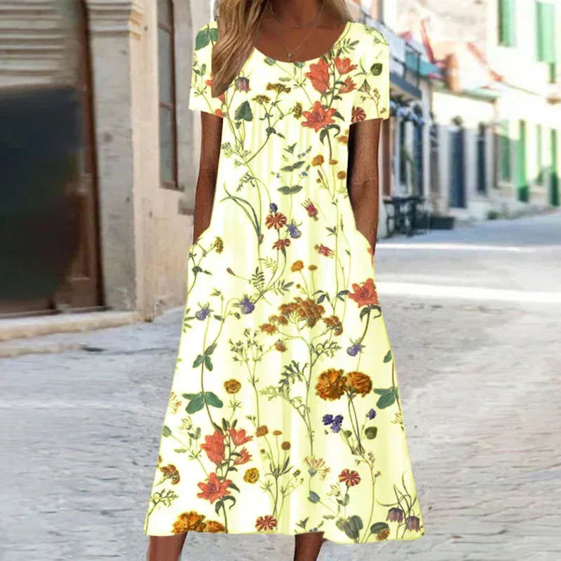Women's Elegant Flowing Bloom Midi Dress with V-Neckline