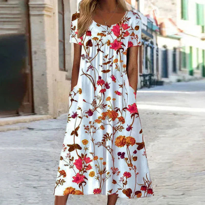Women's Elegant Flowing Bloom Midi Dress with V-Neckline