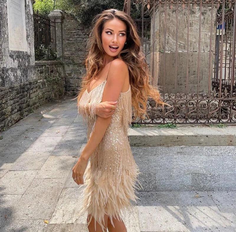 Women’s Elegant Party Night Cocktail Dress with Fringe Feathers
