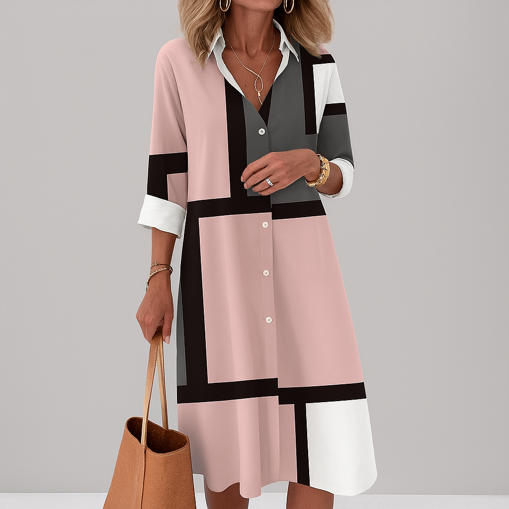 Women’s Classic Button‑down front  Geometric Pattern Shirt Dress