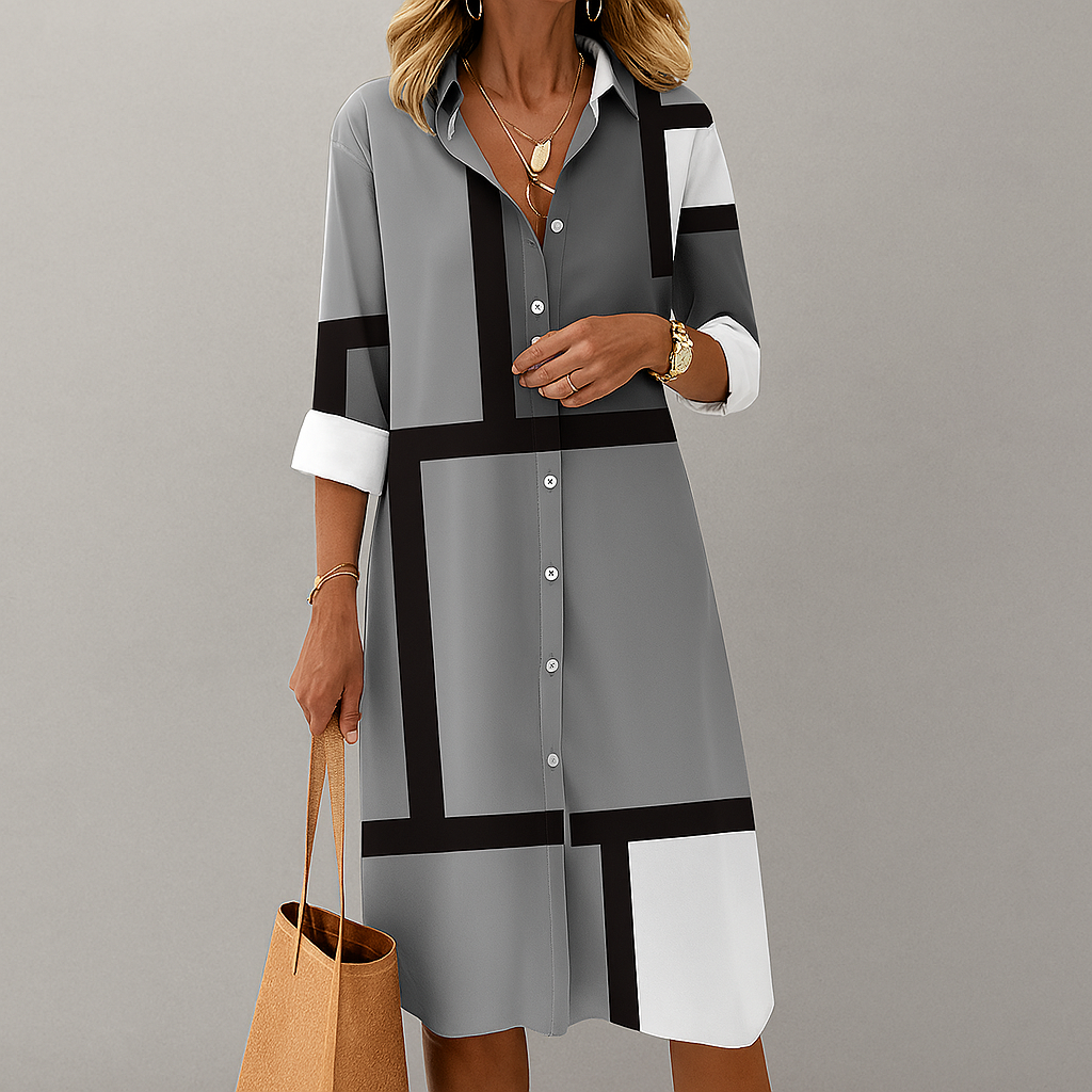 Women’s Classic Button‑down front  Geometric Pattern Shirt Dress
