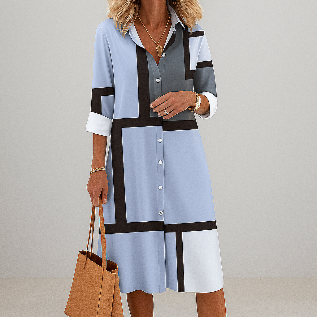 Women’s Classic Button‑down front  Geometric Pattern Shirt Dress
