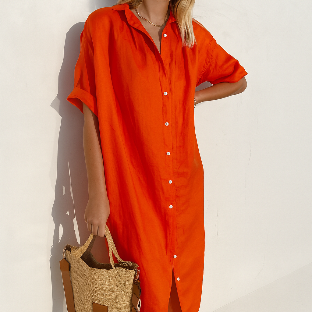 Women’s Versatile Classic Button Long Linen Shirt Dress