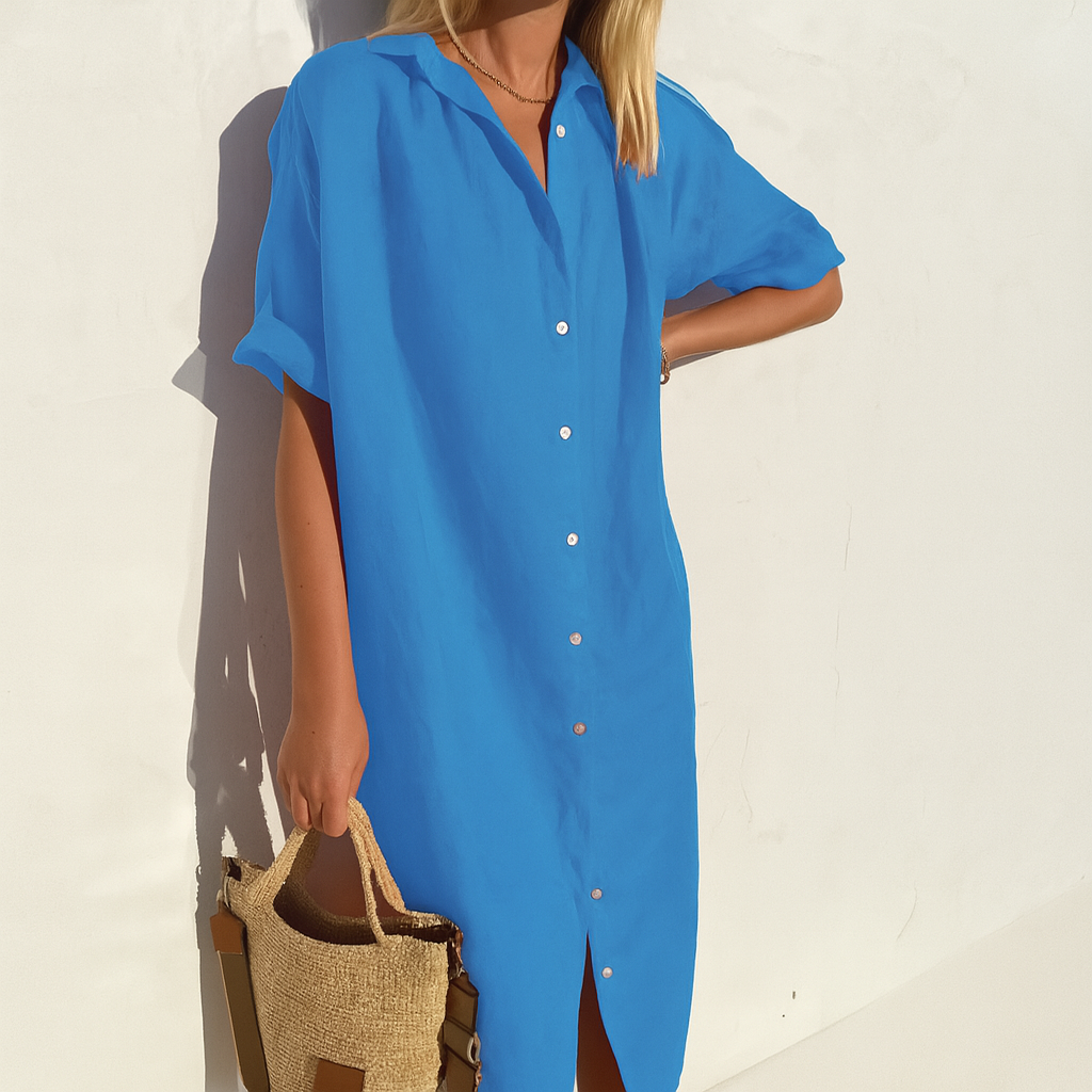 Women’s Versatile Classic Button Long Linen Shirt Dress