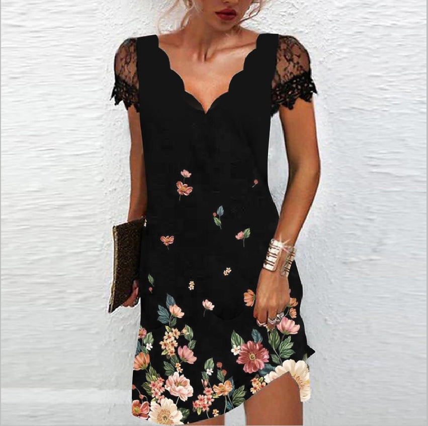 Women's Stylish Evening Dress with Scalloped Neckline and Lace Sleeves