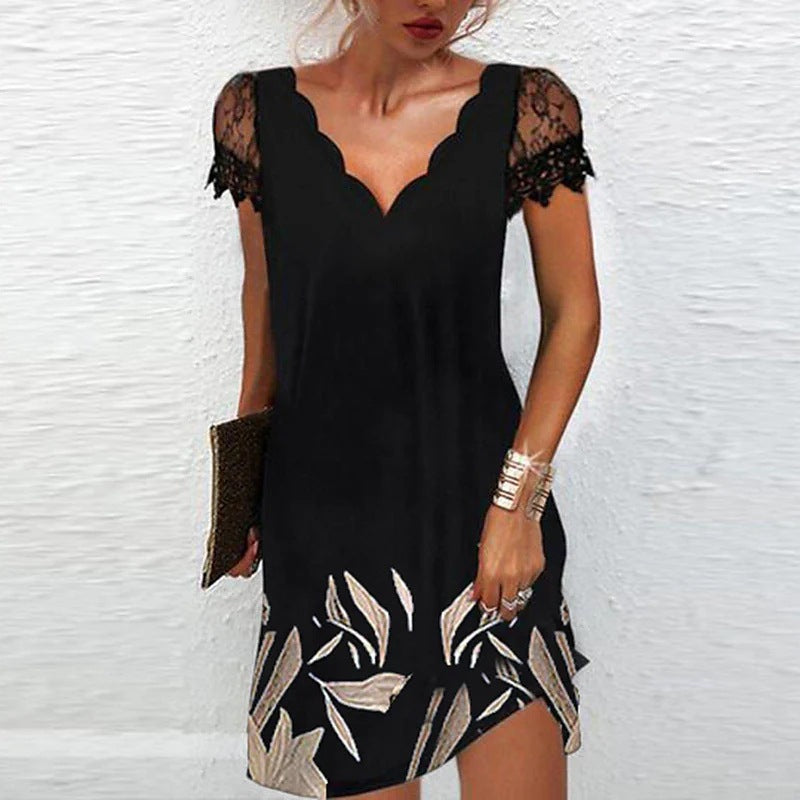 Women's Stylish Evening Dress with Scalloped Neckline and Lace Sleeves