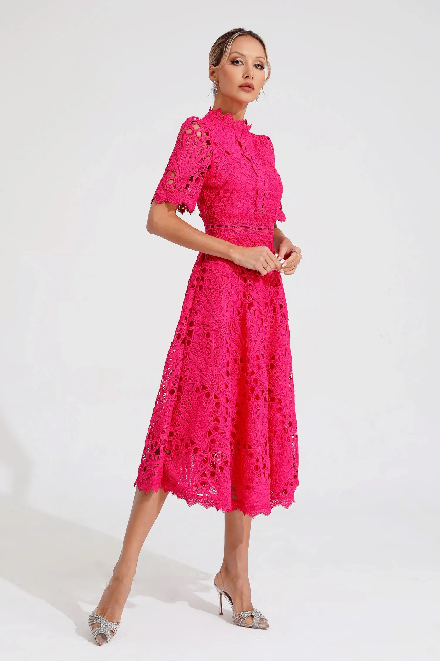 Exquisite Airy Lace Wedding Party Midi Dress for Women