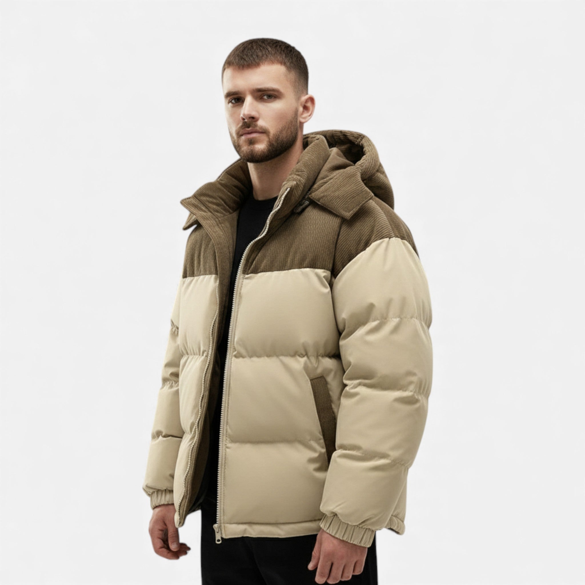 Men’s Quilted Waterproof Fleece Winter Jacket with Removable Hood and Stand-up Collar