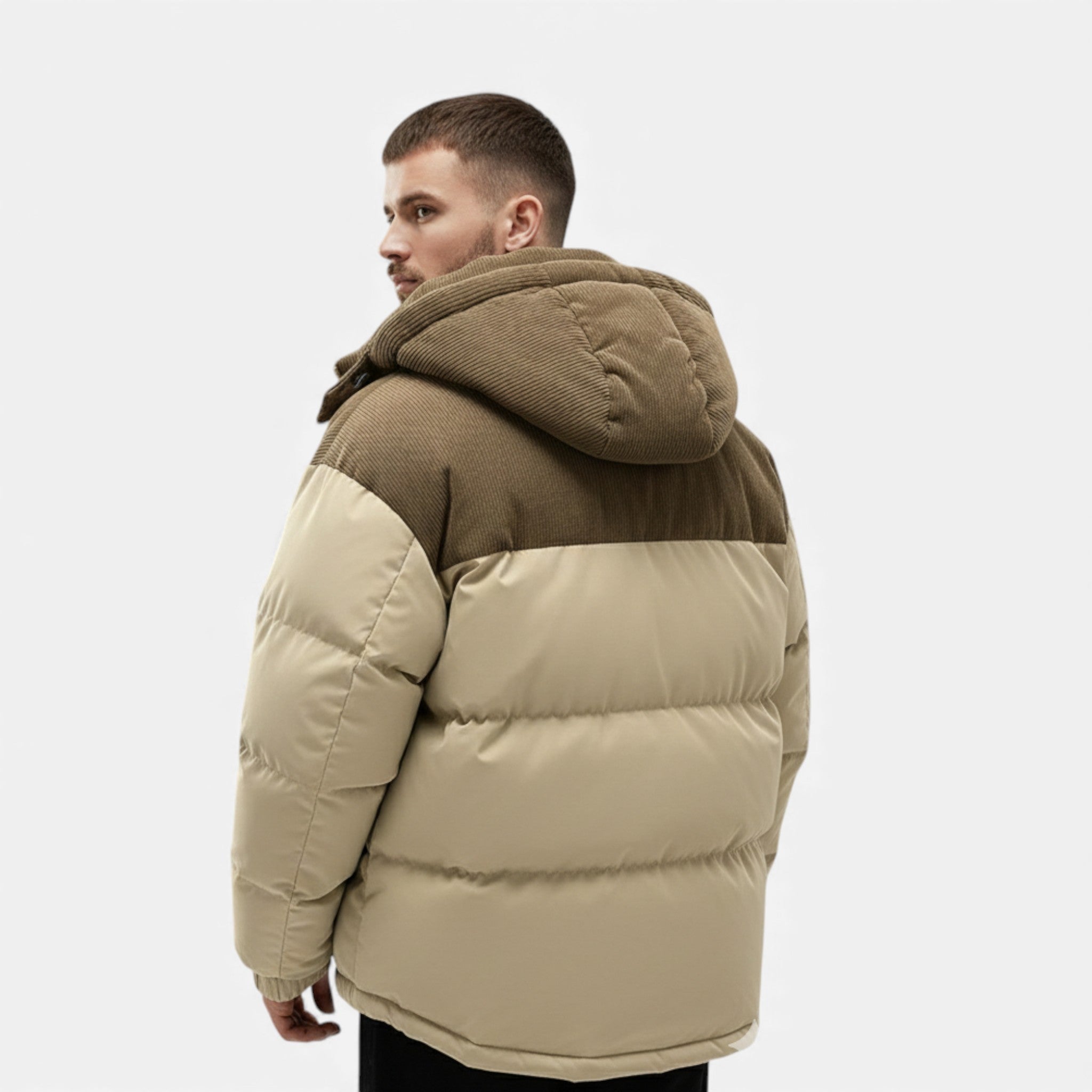 Men’s Quilted Waterproof Fleece Winter Jacket with Removable Hood and Stand-up Collar
