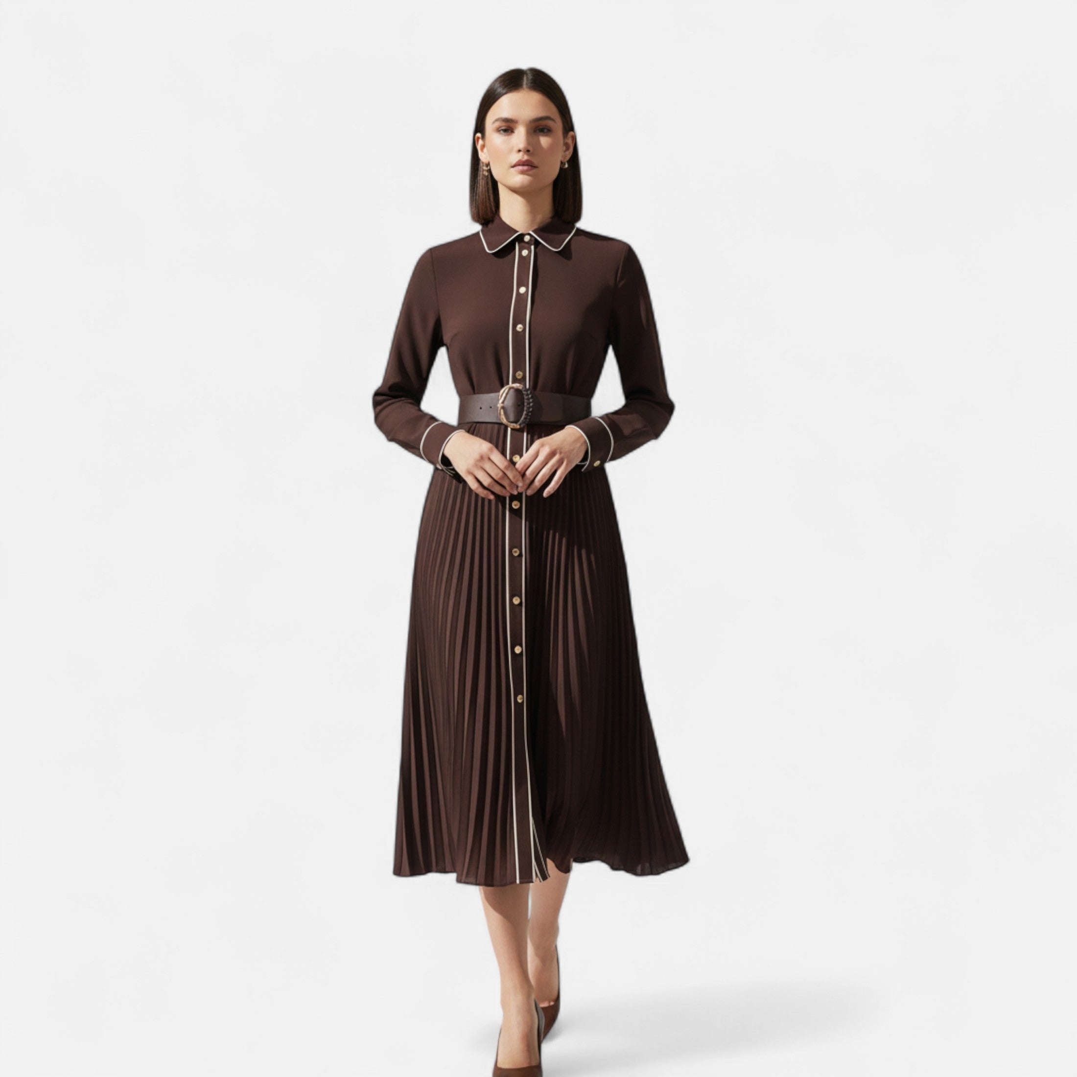 Women’s Chiffon Season Belted Turn-Down Long Midi Dress