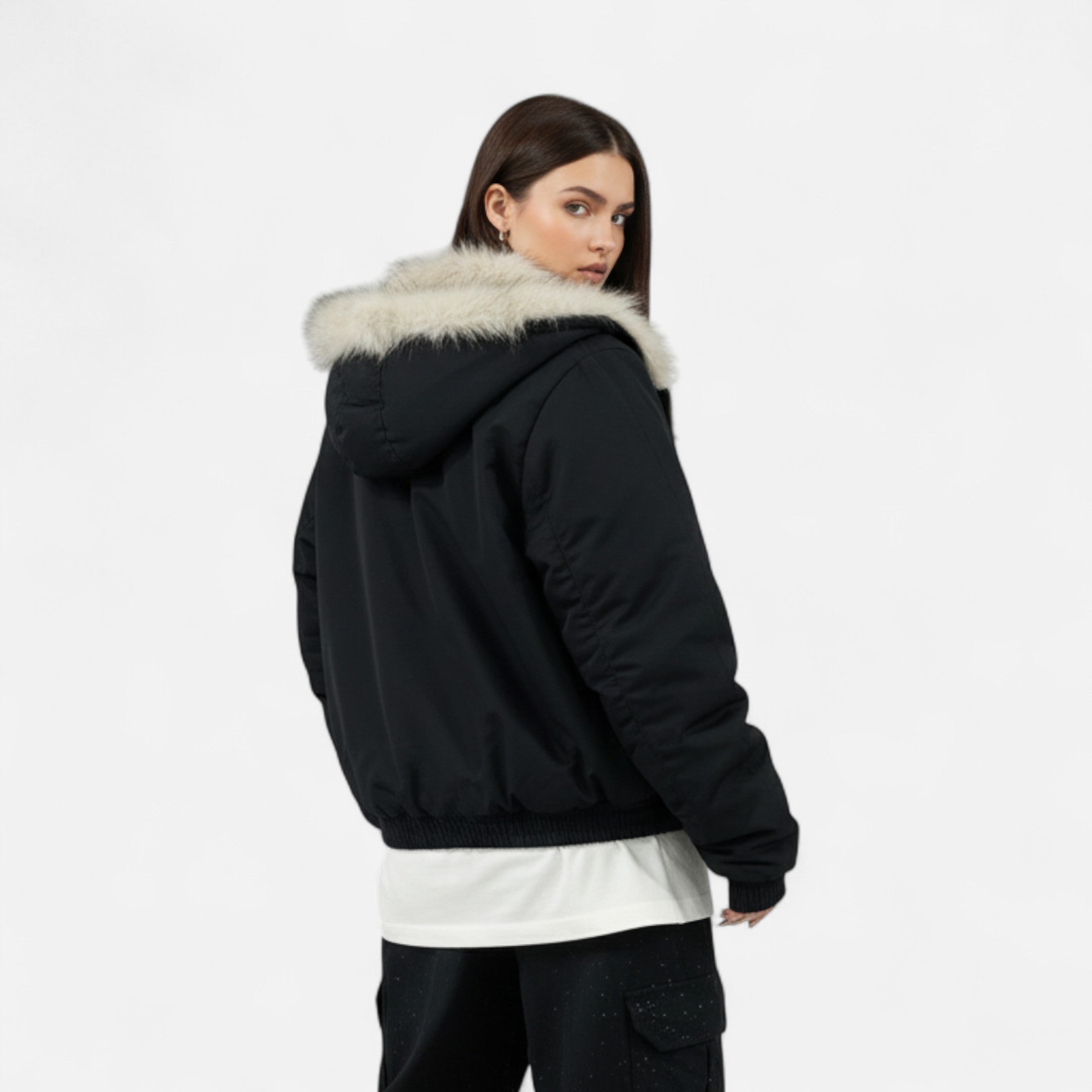 Women's Classic Winter Fur Collar Hooded Coat with Functional Pockets