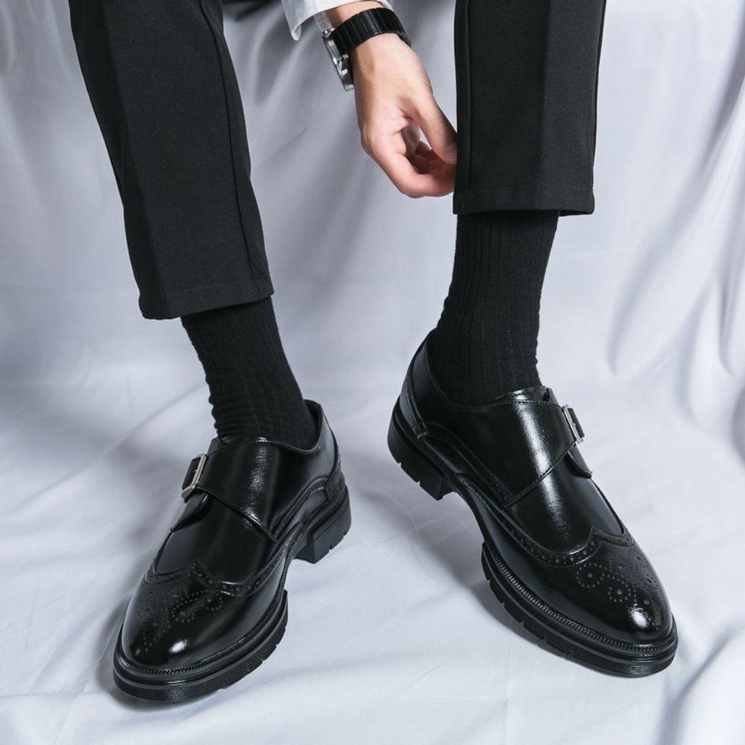Men’s Stylish Formal Business Slip-on Wingtip Brogue Accents Shoes with Adjustable Buckle Closure