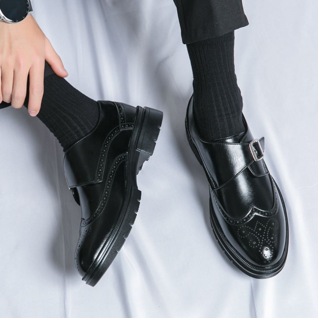 Men’s Stylish Formal Business Slip-on Wingtip Brogue Accents Shoes with Adjustable Buckle Closure