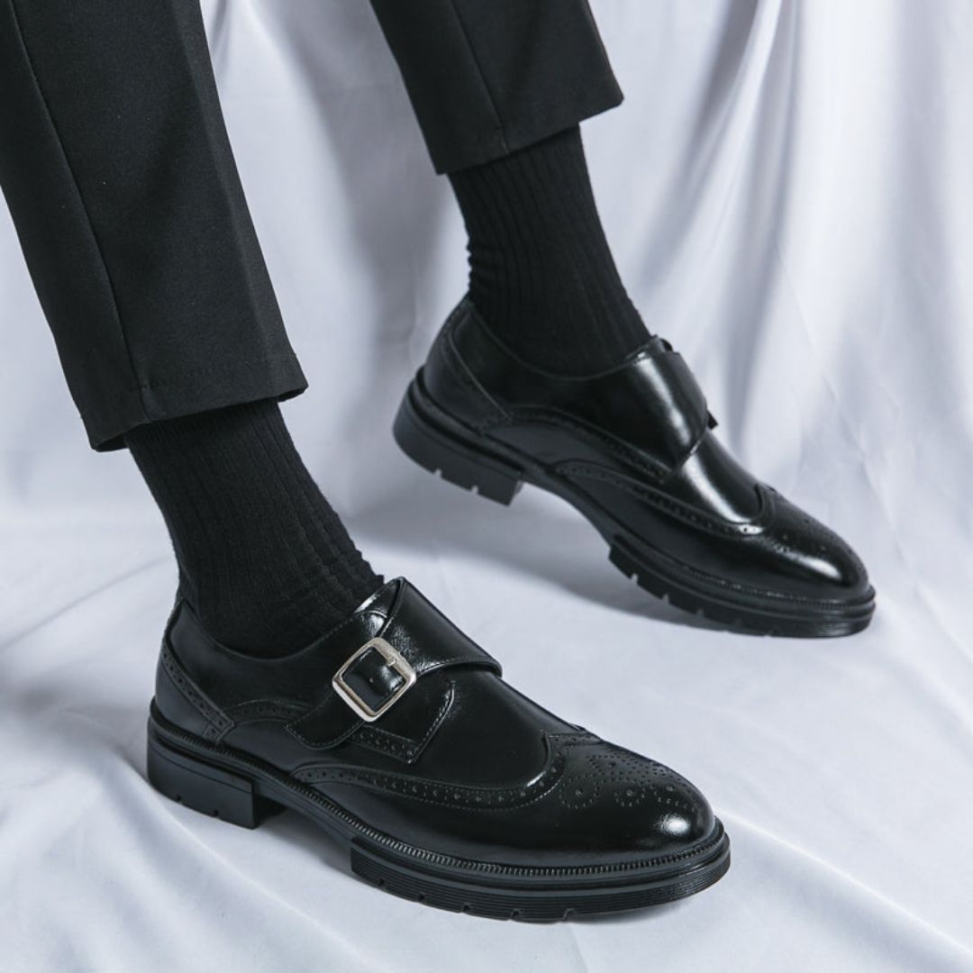 Men’s Stylish Formal Business Slip-on Wingtip Brogue Accents Shoes with Adjustable Buckle Closure