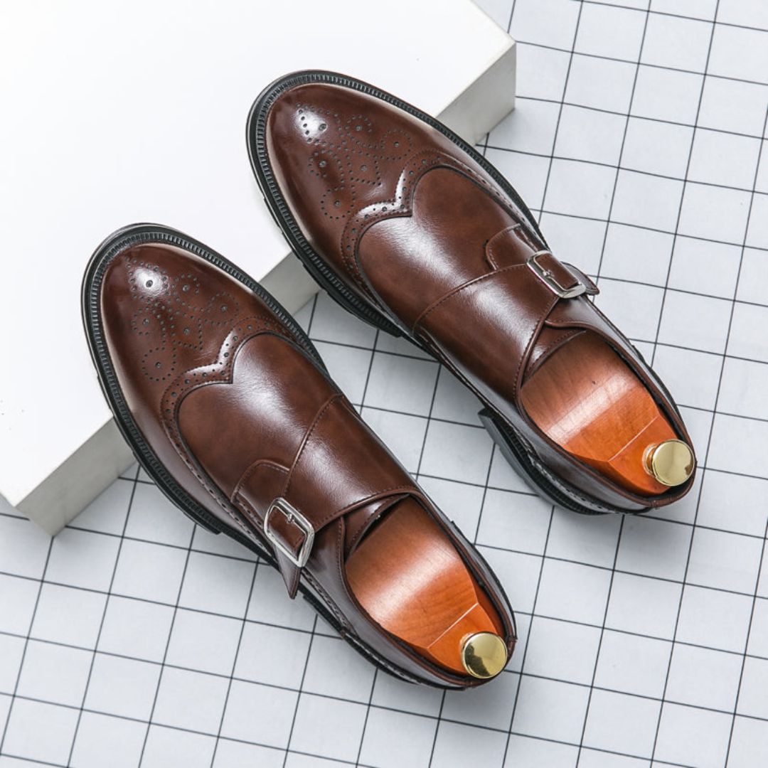 Men’s Stylish Formal Business Slip-on Wingtip Brogue Accents Shoes with Adjustable Buckle Closure