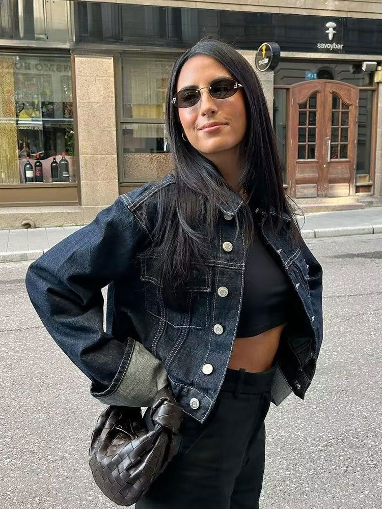 Women's Trendy Fashion Denim Set – Short Jacket & Wide-Leg Jeans