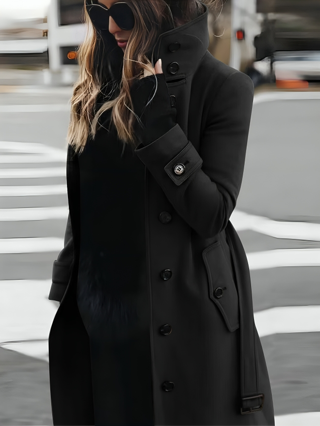 Women's Timeless Sleek High Collar Long Coat with Pockets and Tie-belt Waist