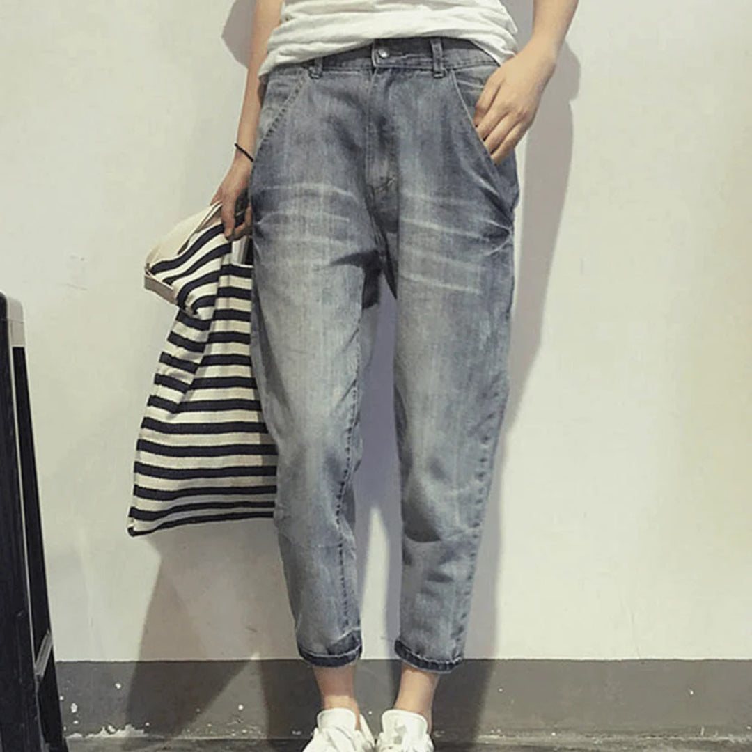 Women's Mid-Rise Loose Pocket Cropped Baggy Jeans