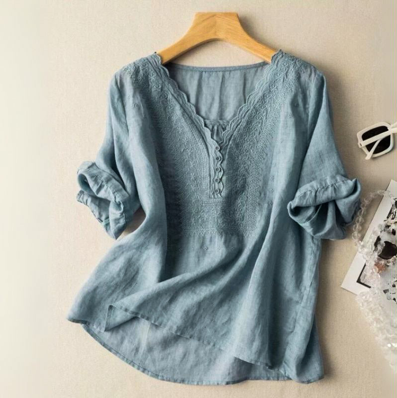 Luciana | Women’s Embroidered Cotton-Linen Blouse