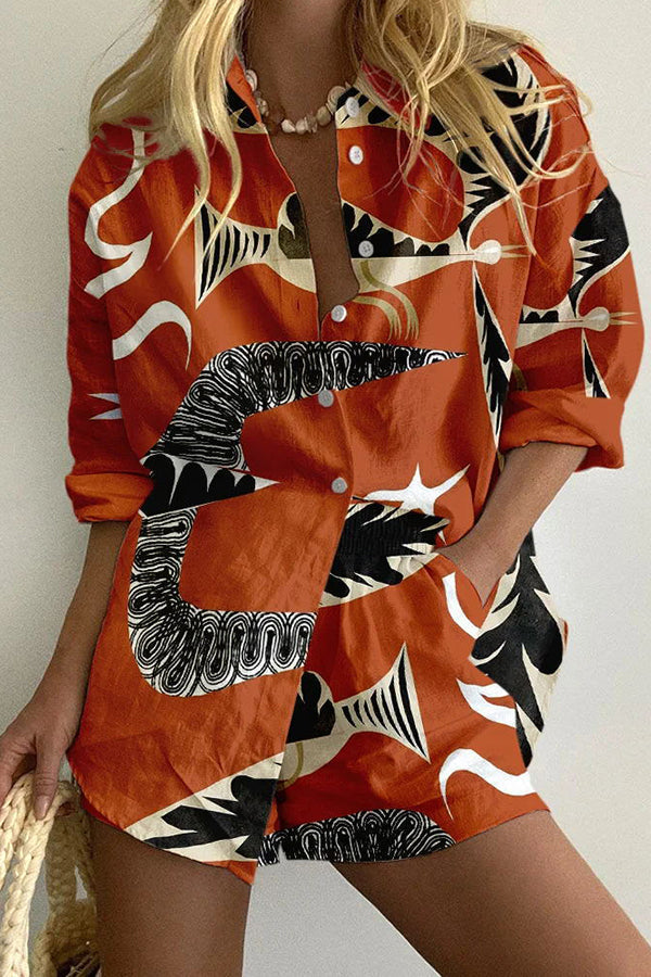 Women's Stylish Rhythm Printed Shirt Set with Practical Pockets