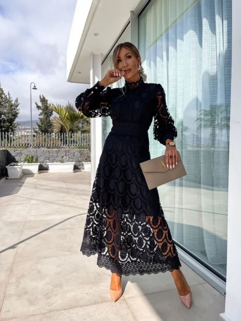 Women's Celestial Puffed Sleeves Lace Midi Dress