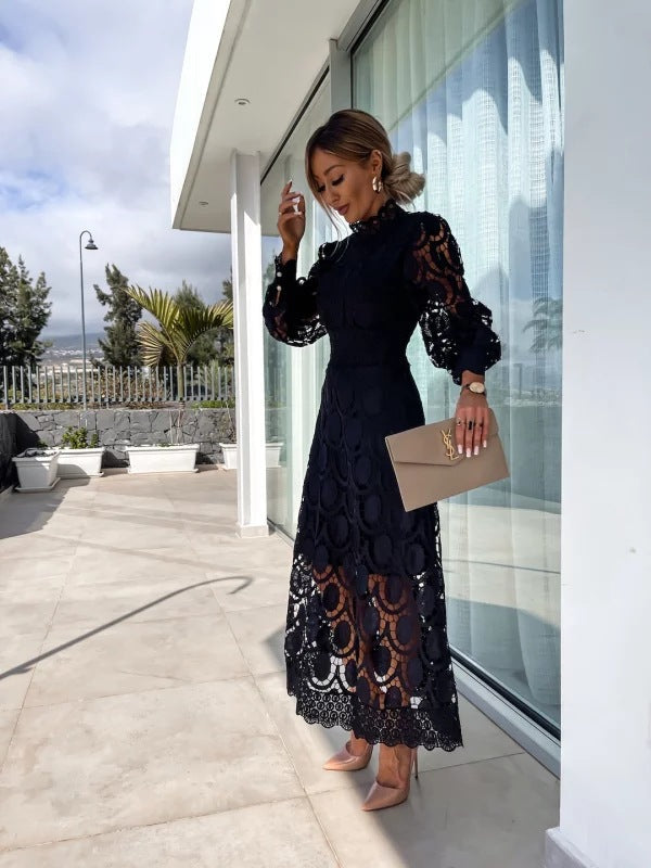 Women's Celestial Puffed Sleeves Lace Midi Dress